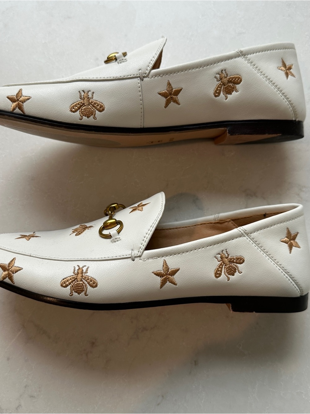 & Other Stories White Leather Embroidered Star & Bee Loafers with Gold Bit - Picture 5 of 5